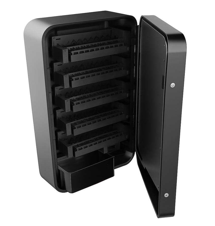 This compact vending unit features multiple adjustable shelves and can hold up to 80–120 vape products, depending on size. It’s designed to fit disposable vapes, nicotine pouches, small cartridges, pods, and other sealed, adult-only retail items. Each shel