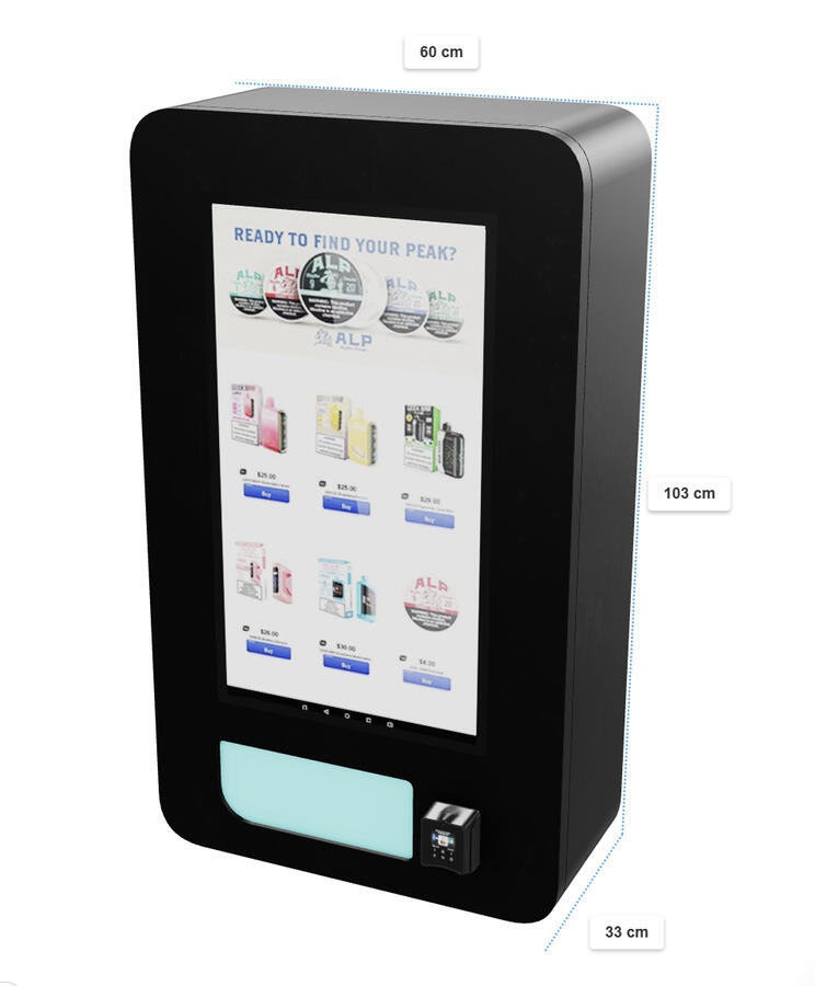 This compact vape vending machine measures 103 cm tall, 60 cm wide, and 33 cm deep, featuring a large touchscreen display for easy product selection. At the bottom right is a built-in ID scanner and age-verification system that checks every customer’s gove